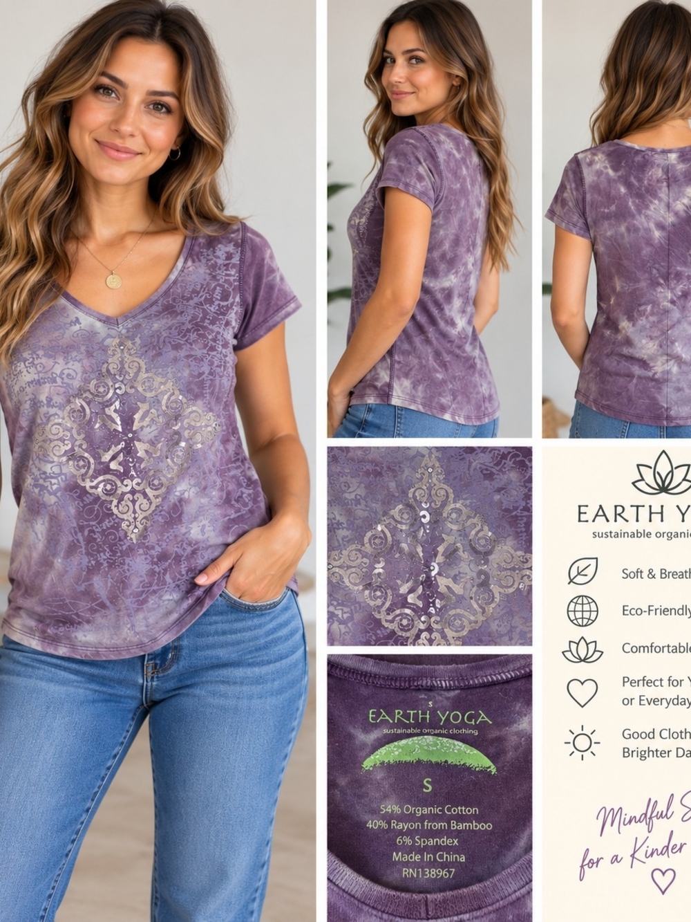 Earth Yoga Purple Tie-Dye V-Neck Short Sleeve Top with Metallic Medallion